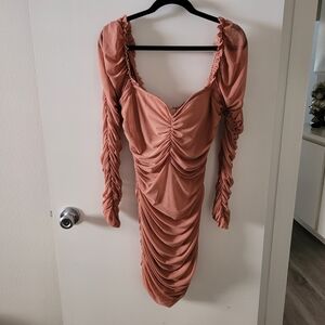 Fashion Nova Ruched Long Sleeve Dress in Dusty Rose
